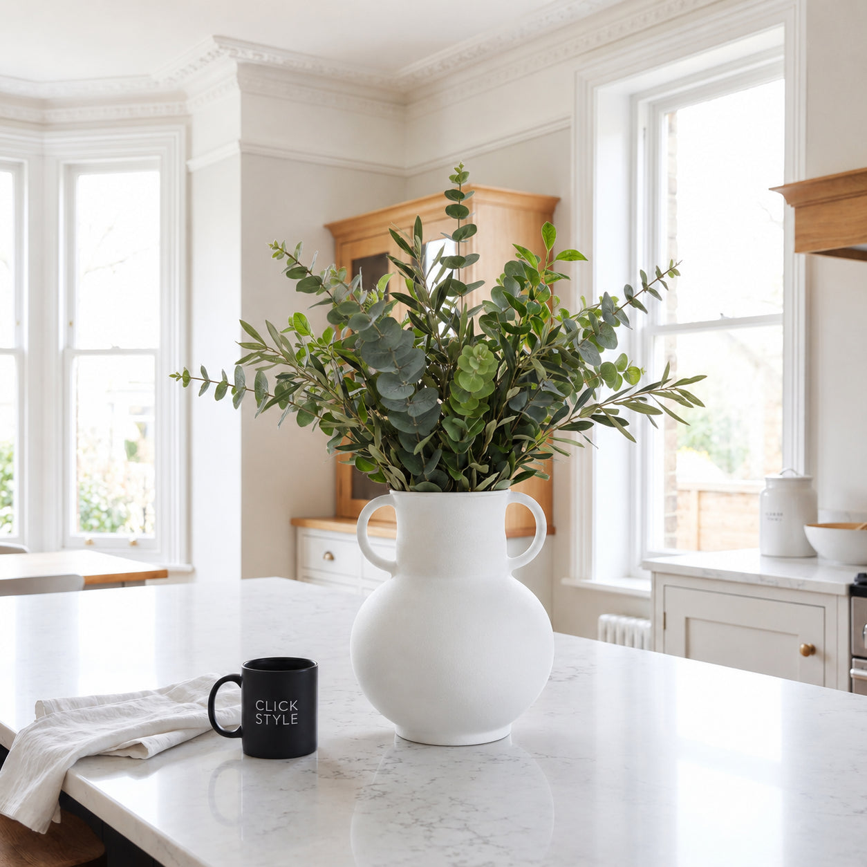 Modern Matt White Metal Amphora Vase with Curved Shape and Decorative Twin Handles | Click Style