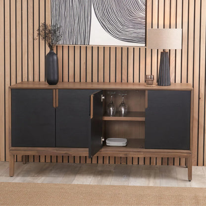Modern Scandi Black & Natural Acacia Wood 4-Door Sideboard with Cut-Out Handles & Internal Shelves – Contemporary Wooden Storage Cabinet 80x160x45cm | Click Style