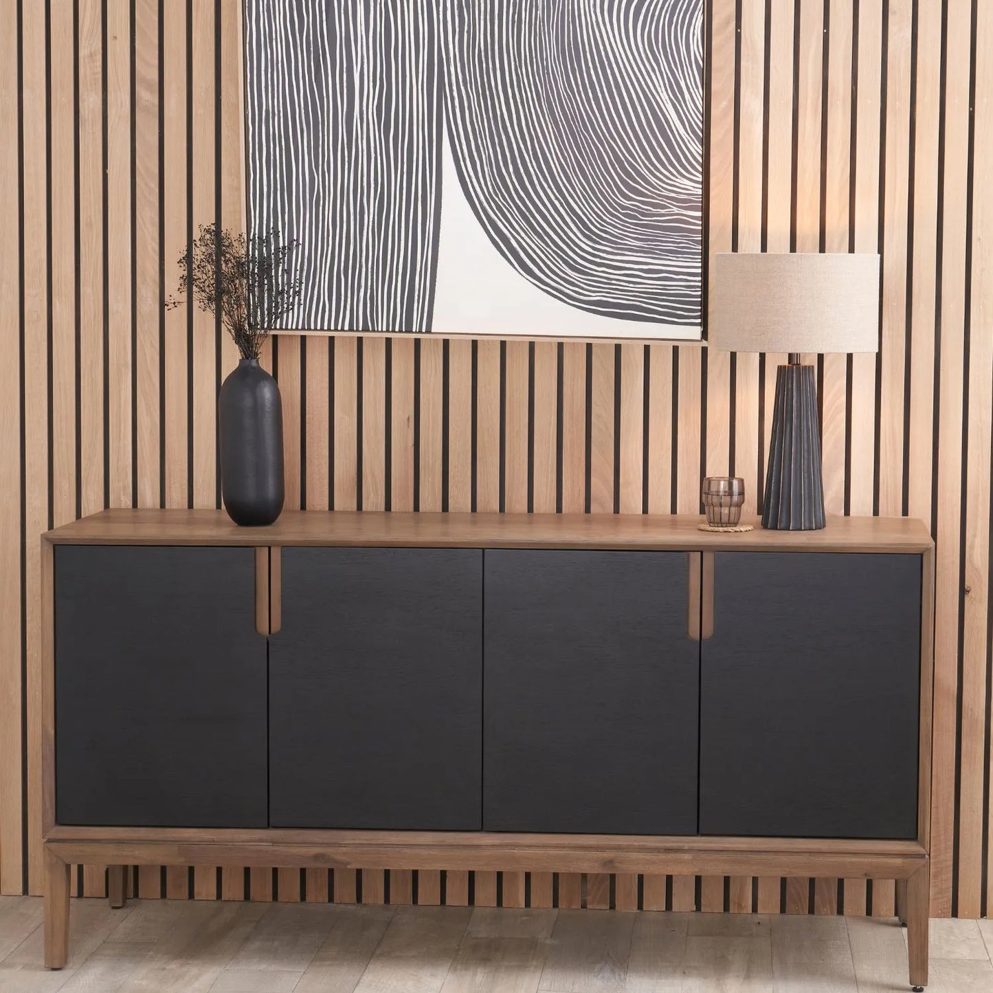 Modern Scandi Black & Natural Acacia Wood 4-Door Sideboard with Cut-Out Handles & Internal Shelves – Contemporary Wooden Storage Cabinet 80x160x45cm | Click Style