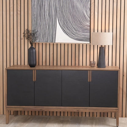Modern Scandi Black & Natural Acacia Wood 4-Door Sideboard with Cut-Out Handles & Internal Shelves – Contemporary Wooden Storage Cabinet 80x160x45cm | Click Style