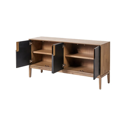 Modern Scandi Black & Natural Acacia Wood 4-Door Sideboard with Cut-Out Handles & Internal Shelves – Contemporary Wooden Storage Cabinet 80x160x45cm | Click Style