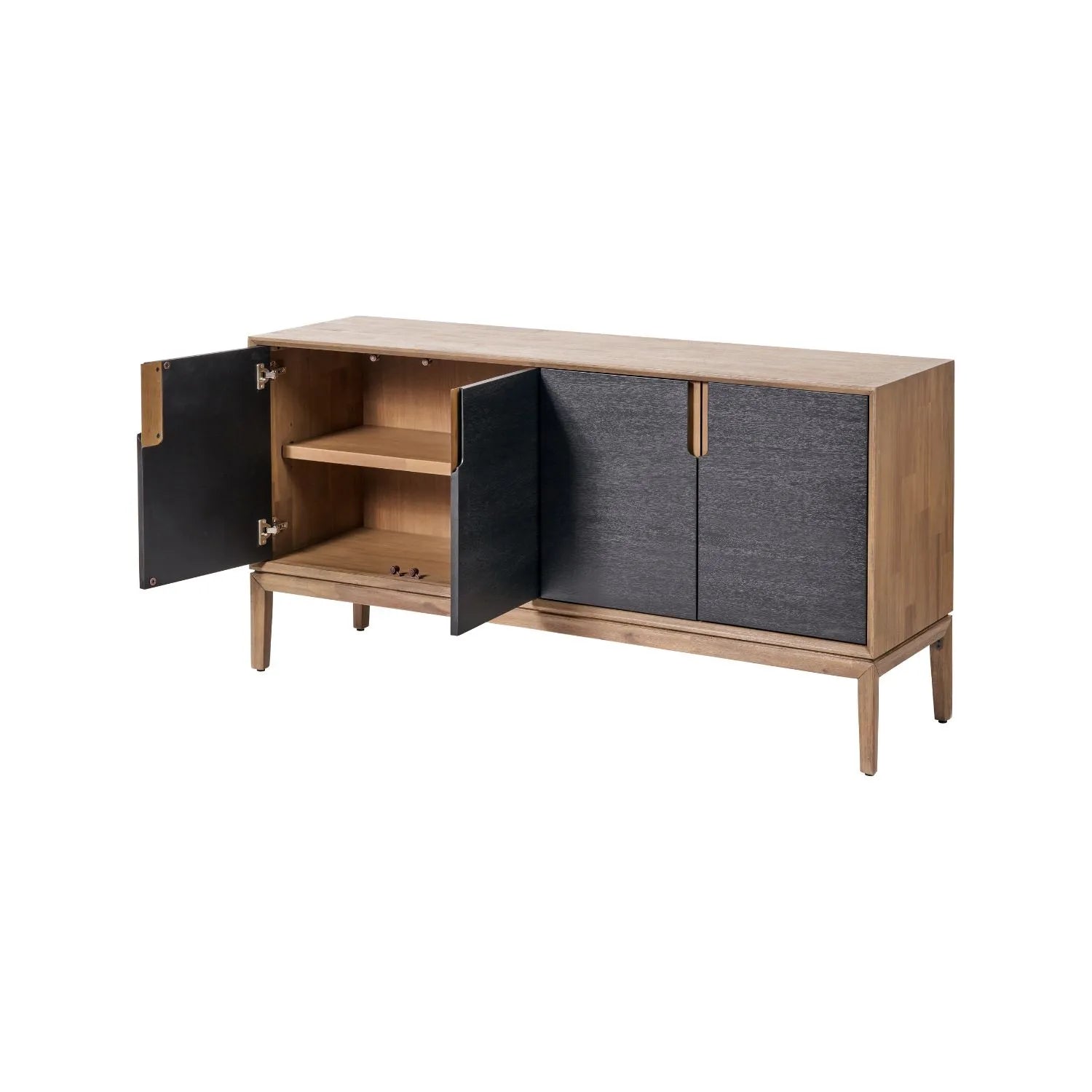 Modern Scandi Black & Natural Acacia Wood 4-Door Sideboard with Cut-Out Handles & Internal Shelves – Contemporary Wooden Storage Cabinet 80x160x45cm | Click Style