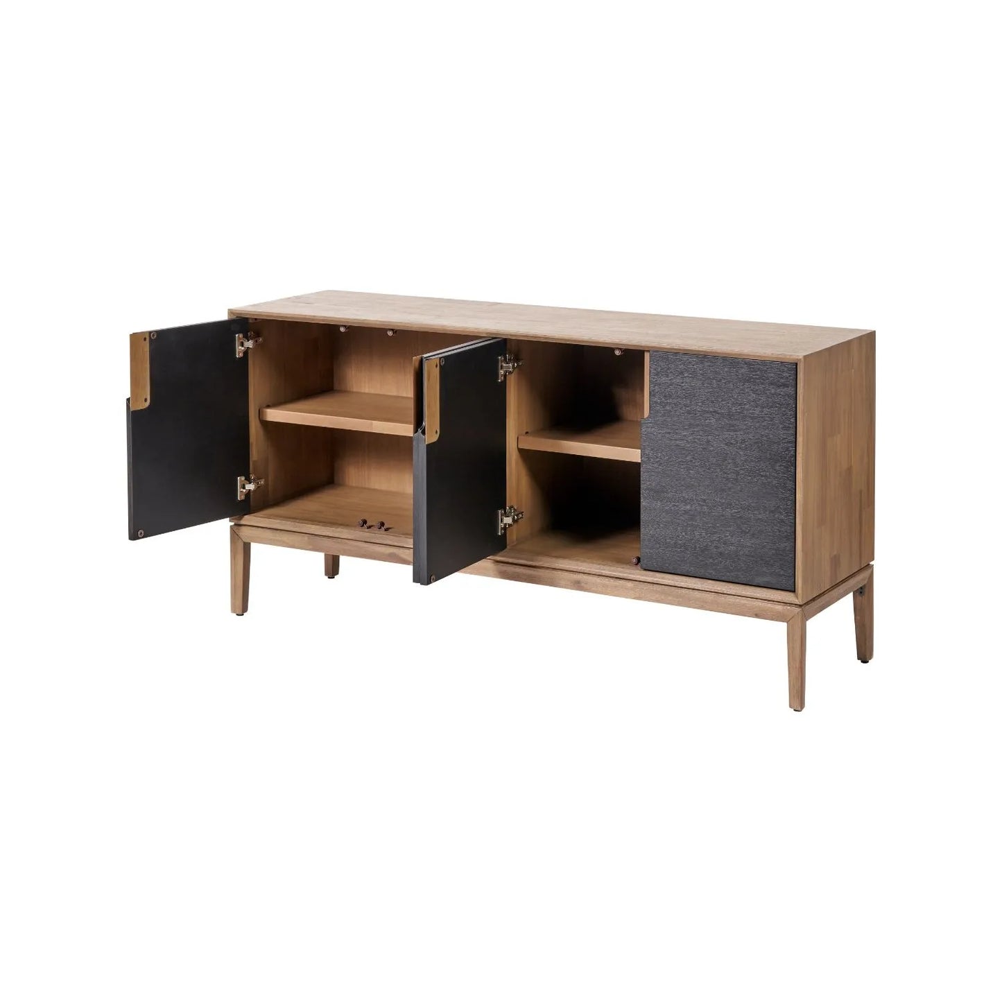 Modern Scandi Black & Natural Acacia Wood 4-Door Sideboard with Cut-Out Handles & Internal Shelves – Contemporary Wooden Storage Cabinet 80x160x45cm | Click Style