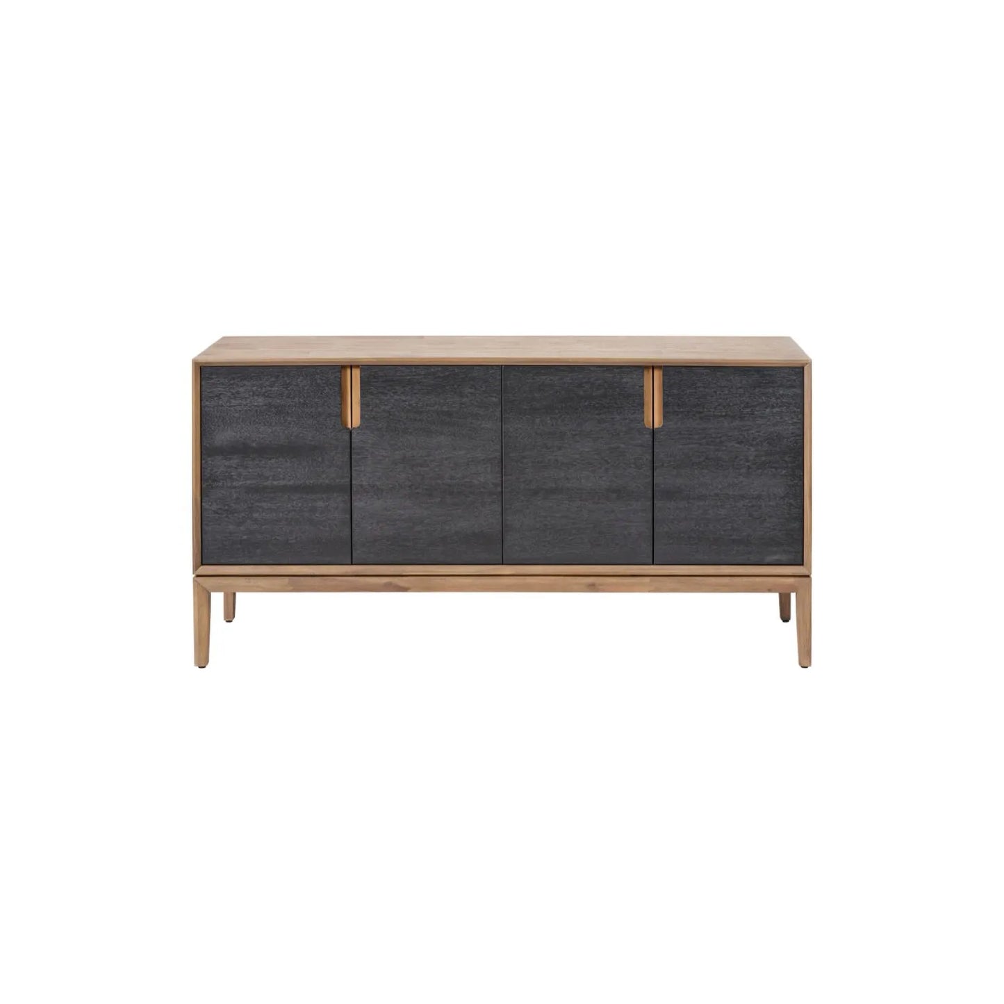 Modern Scandi Black & Natural Acacia Wood 4-Door Sideboard with Cut-Out Handles & Internal Shelves – Contemporary Wooden Storage Cabinet 80x160x45cm | Click Style