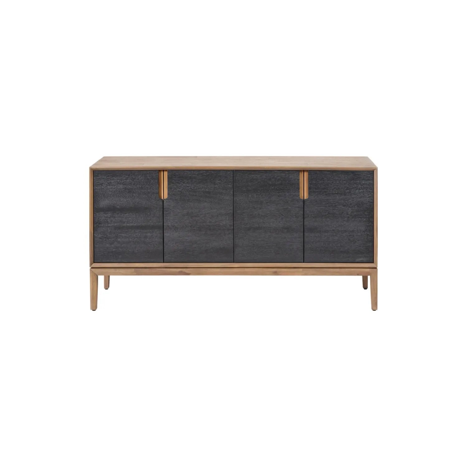 Modern Scandi Black & Natural Acacia Wood 4-Door Sideboard with Cut-Out Handles & Internal Shelves – Contemporary Wooden Storage Cabinet 80x160x45cm | Click Style
