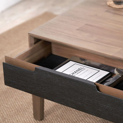 Modern Scandi Black & Natural Acacia Wood Coffee Table with Cut-Out Handle Drawer & Open Shelf – Contemporary Low Wooden Living Room Coffee Table 41x120x60cm | Click Style