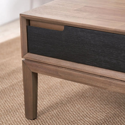 Modern Scandi Black & Natural Acacia Wood Coffee Table with Cut-Out Handle Drawer & Open Shelf – Contemporary Low Wooden Living Room Coffee Table 41x120x60cm | Click Style