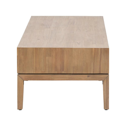 Modern Scandi Black & Natural Acacia Wood Coffee Table with Cut-Out Handle Drawer & Open Shelf – Contemporary Low Wooden Living Room Coffee Table 41x120x60cm | Click Style