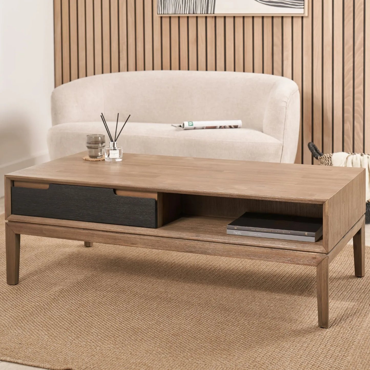 Modern Scandi Black & Natural Acacia Wood Coffee Table with Cut-Out Handle Drawer & Open Shelf – Contemporary Low Wooden Living Room Coffee Table 41x120x60cm | Click Style