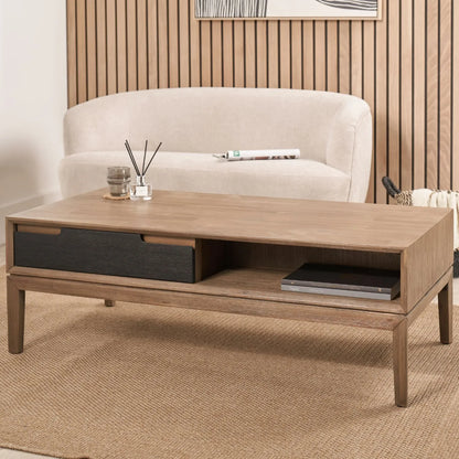 Modern Scandi Black & Natural Acacia Wood Coffee Table with Cut-Out Handle Drawer & Open Shelf – Contemporary Low Wooden Living Room Coffee Table 41x120x60cm | Click Style