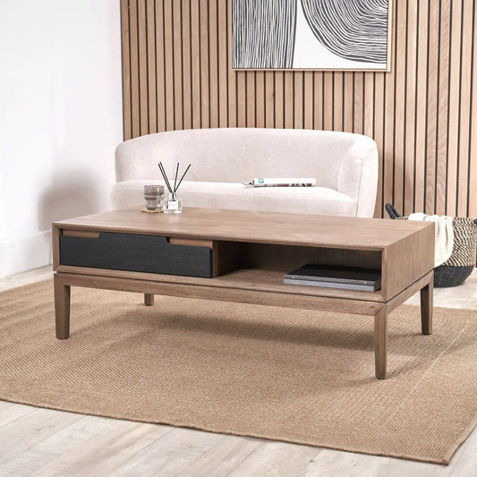 Modern Scandi Black & Natural Acacia Wood Coffee Table with Cut-Out Handle Drawer & Open Shelf – Contemporary Low Wooden Living Room Coffee Table 41x120x60cm | Click Style