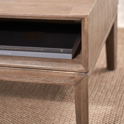 Modern Scandi Black & Natural Acacia Wood Coffee Table with Cut-Out Handle Drawer & Open Shelf – Contemporary Low Wooden Living Room Coffee Table 41x120x60cm | Click Style