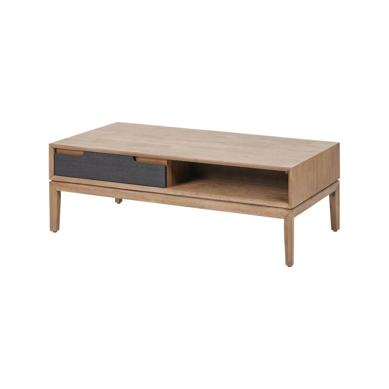 Modern Scandi Black & Natural Acacia Wood Coffee Table with Cut-Out Handle Drawer & Open Shelf – Contemporary Low Wooden Living Room Coffee Table 41x120x60cm | Click Style