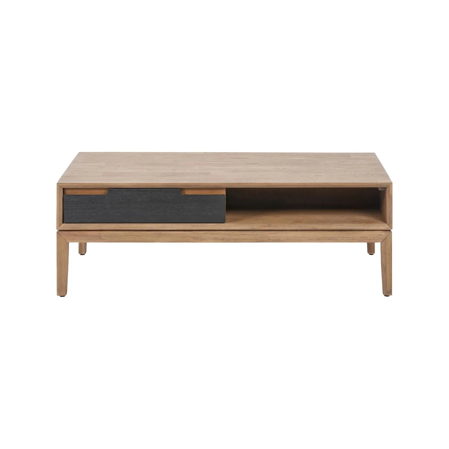 Modern Scandi Black & Natural Acacia Wood Coffee Table with Cut-Out Handle Drawer & Open Shelf – Contemporary Low Wooden Living Room Coffee Table 41x120x60cm | Click Style