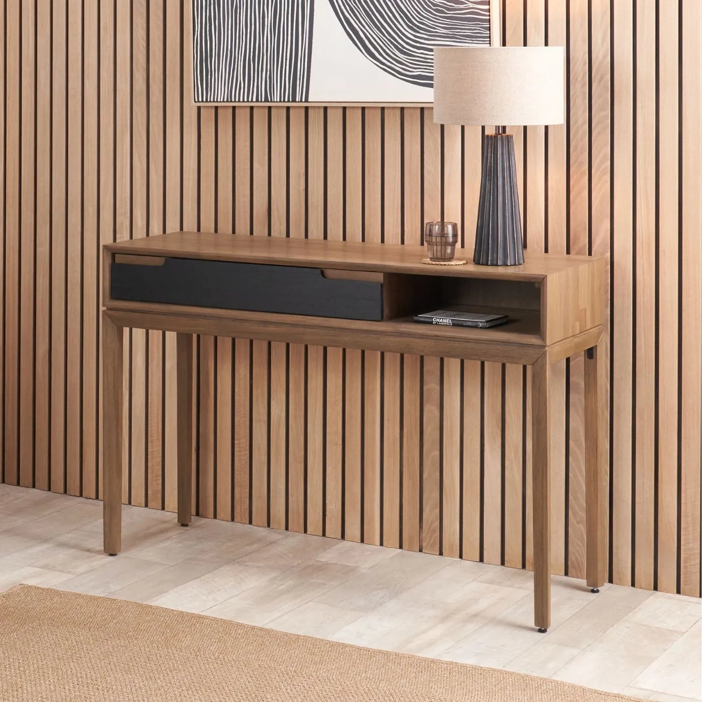 Modern Scandi Black & Natural Acacia Wood Console Table with Drawer & Open Shelf – Contemporary Wooden Hallway Table 80x120x40cm | Click Style