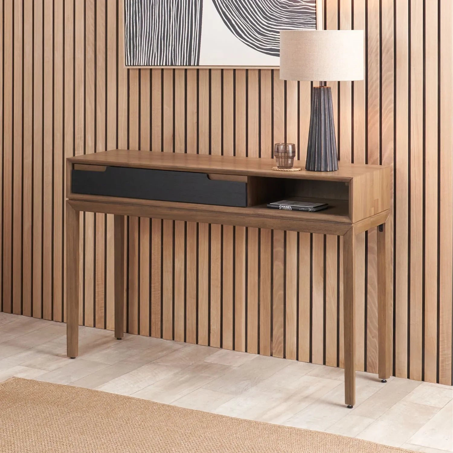 Modern Scandi Black & Natural Acacia Wood Console Table with Drawer & Open Shelf – Contemporary Wooden Hallway Table 80x120x40cm | Click Style