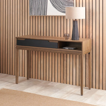 Modern Scandi Black & Natural Acacia Wood Console Table with Drawer & Open Shelf – Contemporary Wooden Hallway Table 80x120x40cm | Click Style