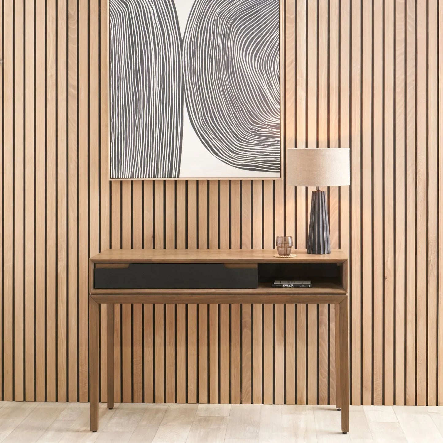 Modern Scandi Black & Natural Acacia Wood Console Table with Drawer & Open Shelf – Contemporary Wooden Hallway Table 80x120x40cm | Click Style