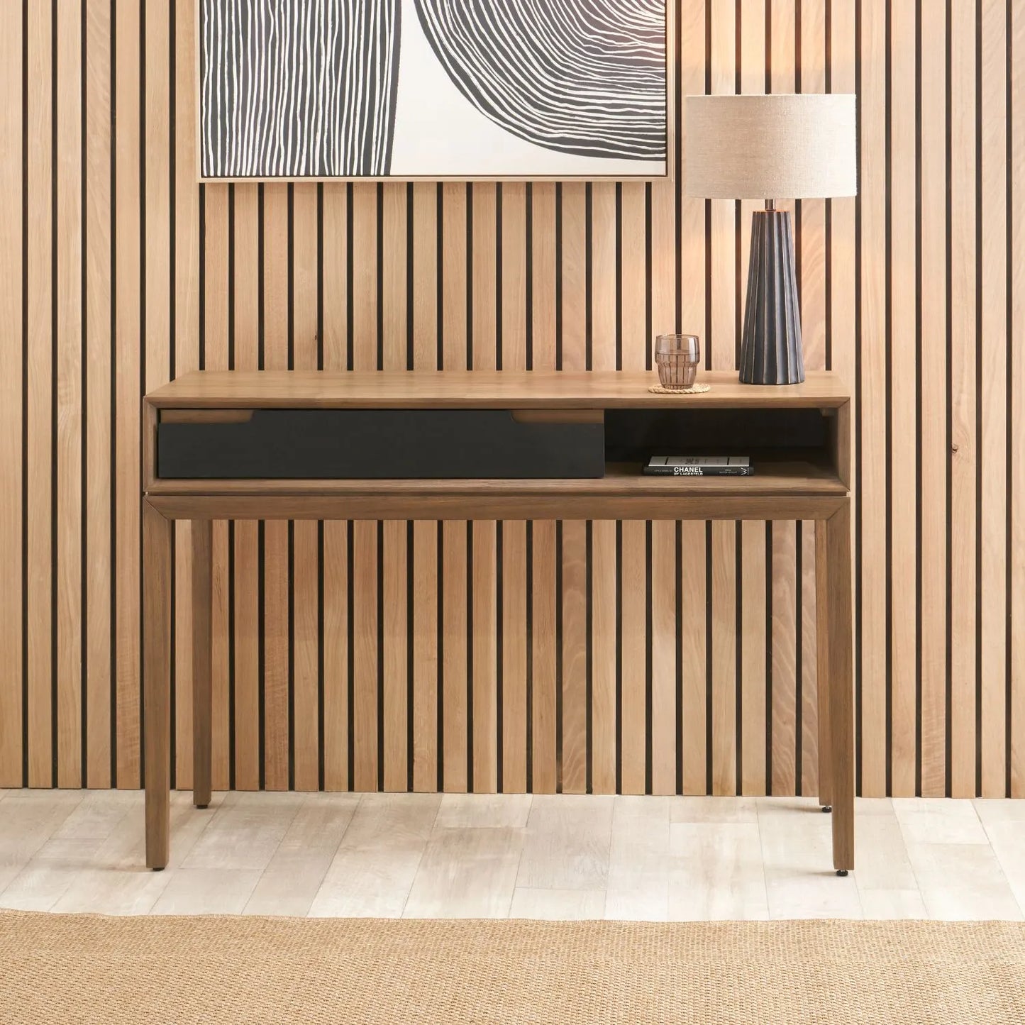 Modern Scandi Black & Natural Acacia Wood Console Table with Drawer & Open Shelf – Contemporary Wooden Hallway Table 80x120x40cm | Click Style
