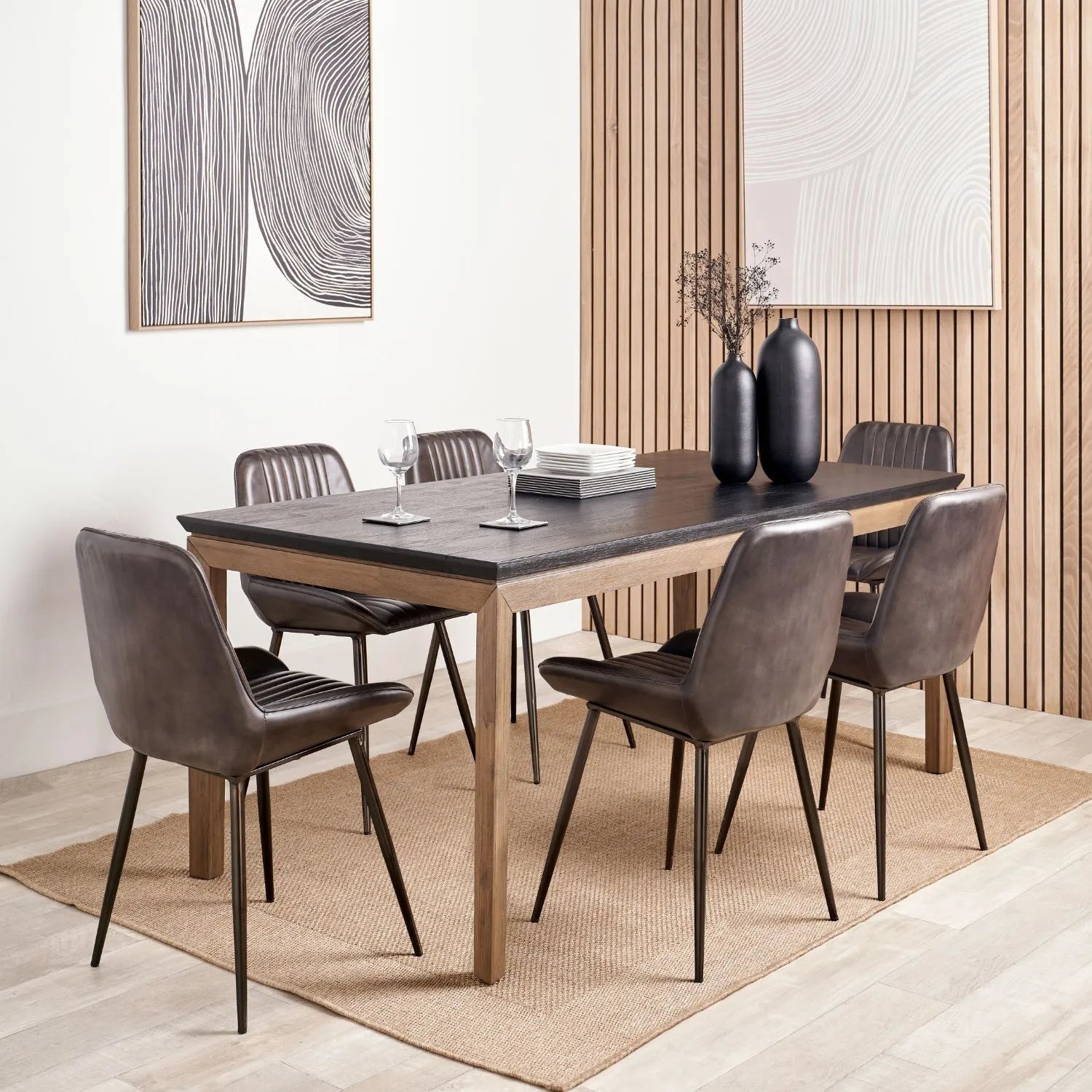 Modern Scandi Black & Natural Acacia Wood Dining Table with Wooden Legs – Rectangular 6-Seater Wooden Dining Table 180x90x76cm | Click Style