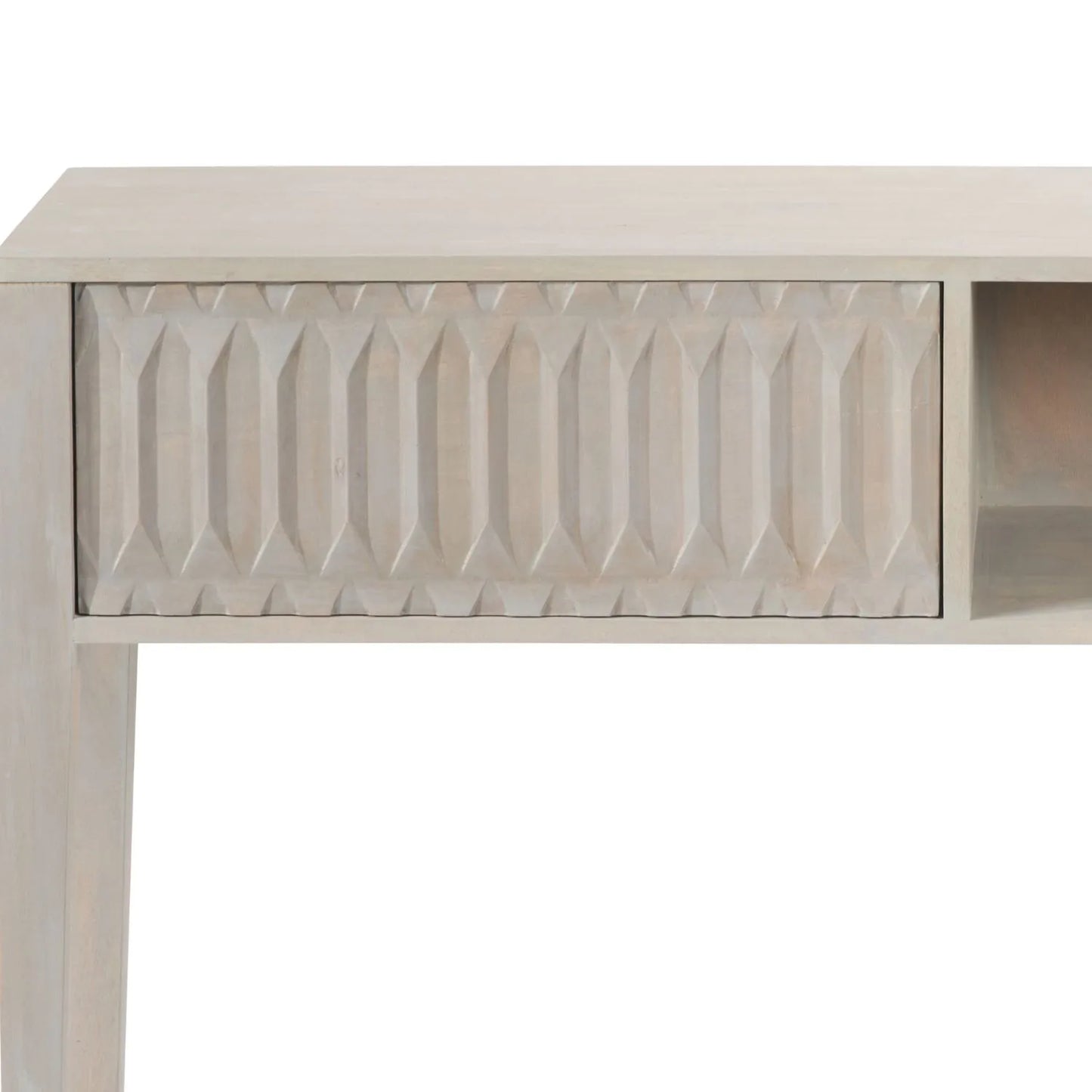 Modern Scandi Light Grey Wash Mango Wood Console Table with Handleless Carved Geometric Drawer Front and Open Shelf Storage – Scandinavian Hallway Console Table for Living Room or Entryway 80x120x35cm | Click Style