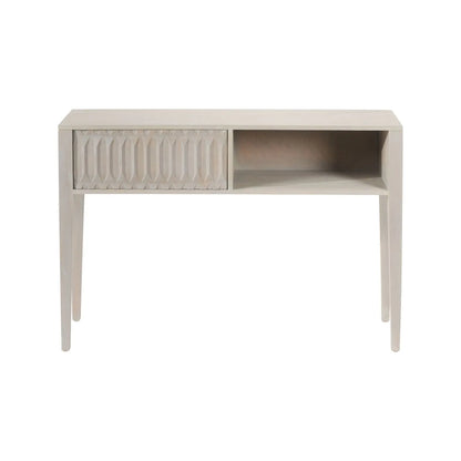 Modern Scandi Light Grey Wash Mango Wood Console Table with Handleless Carved Geometric Drawer Front and Open Shelf Storage – Scandinavian Hallway Console Table for Living Room or Entryway 80x120x35cm | Click Style