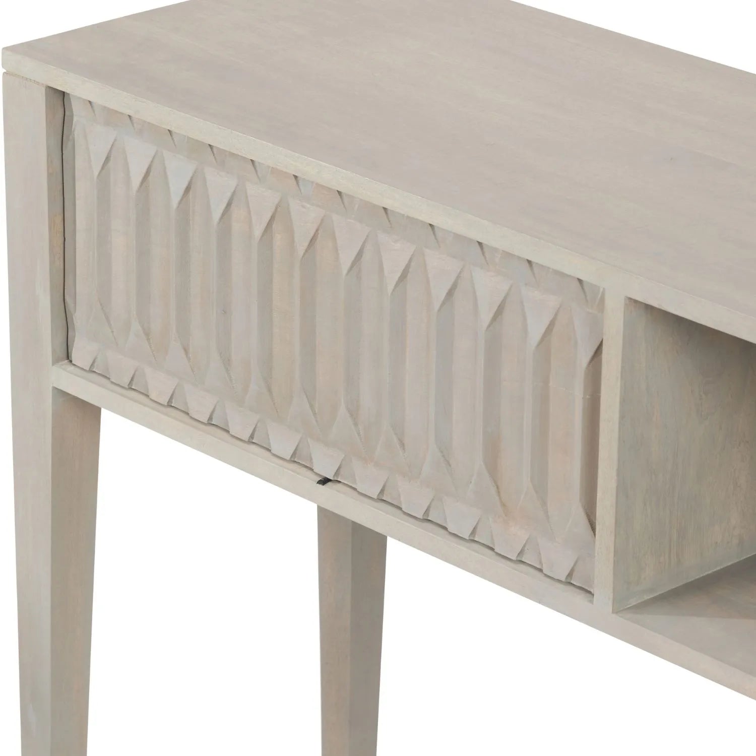 Modern Scandi Light Grey Wash Mango Wood Console Table with Handleless Carved Geometric Drawer Front and Open Shelf Storage – Scandinavian Hallway Console Table for Living Room or Entryway 80x120x35cm | Click Style