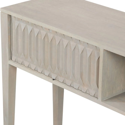 Modern Scandi Light Grey Wash Mango Wood Console Table with Handleless Carved Geometric Drawer Front and Open Shelf Storage – Scandinavian Hallway Console Table for Living Room or Entryway 80x120x35cm | Click Style