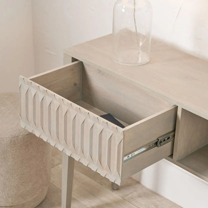 Modern Scandi Light Grey Wash Mango Wood Console Table with Handleless Carved Geometric Drawer Front and Open Shelf Storage – Scandinavian Hallway Console Table for Living Room or Entryway 80x120x35cm | Click Style