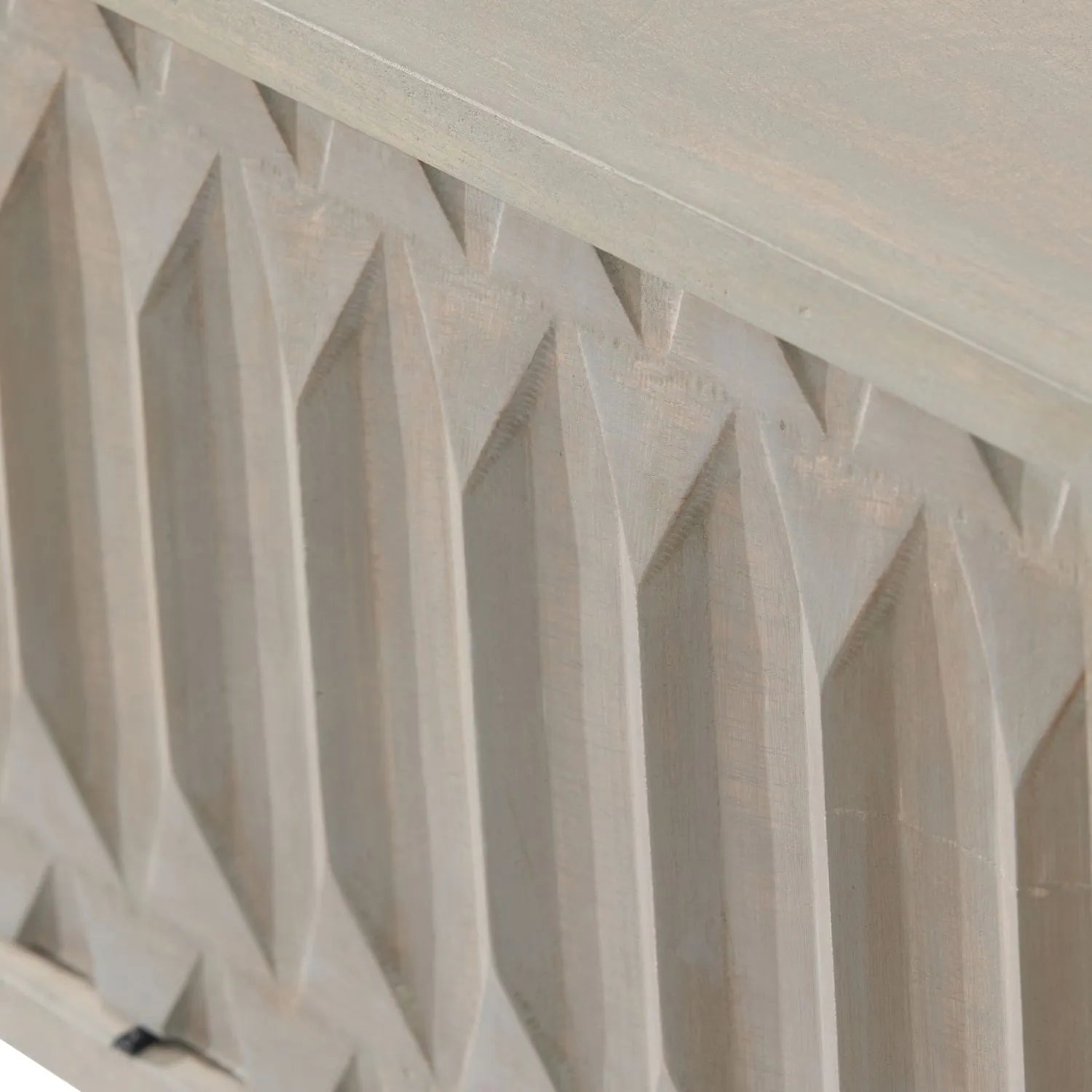 Modern Scandi Light Grey Wash Mango Wood Console Table with Handleless Carved Geometric Drawer Front and Open Shelf Storage – Scandinavian Hallway Console Table for Living Room or Entryway 80x120x35cm | Click Style