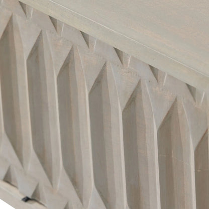 Modern Scandi Light Grey Wash Mango Wood Console Table with Handleless Carved Geometric Drawer Front and Open Shelf Storage – Scandinavian Hallway Console Table for Living Room or Entryway 80x120x35cm | Click Style