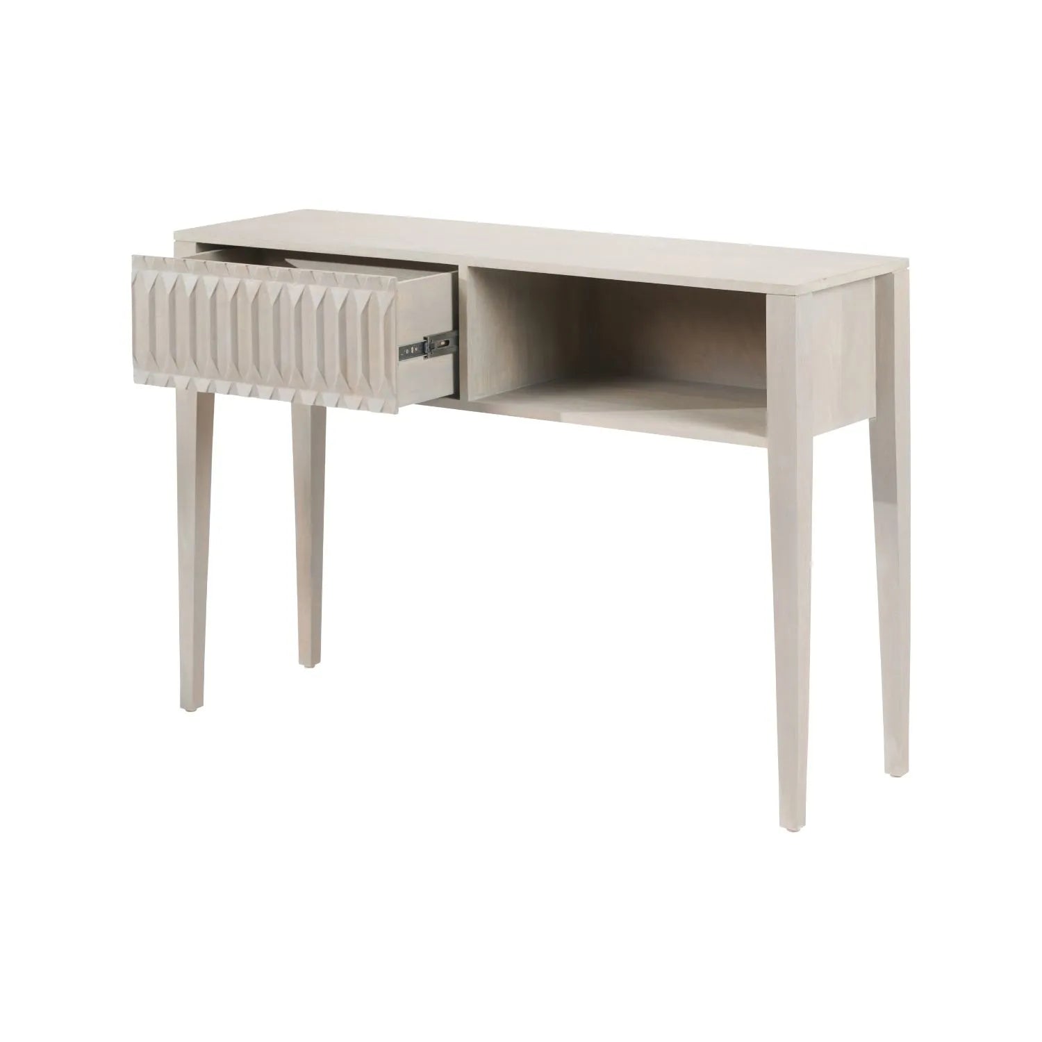 Modern Scandi Light Grey Wash Mango Wood Console Table with Handleless Carved Geometric Drawer Front and Open Shelf Storage – Scandinavian Hallway Console Table for Living Room or Entryway 80x120x35cm | Click Style