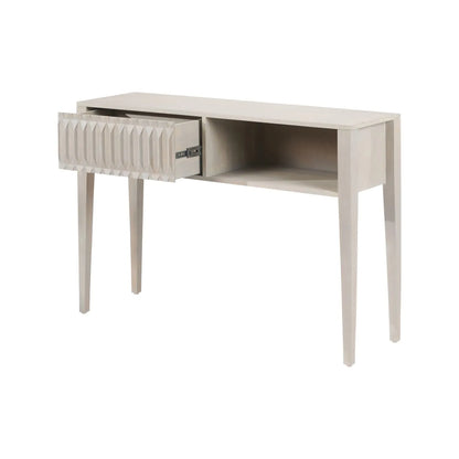 Modern Scandi Light Grey Wash Mango Wood Console Table with Handleless Carved Geometric Drawer Front and Open Shelf Storage – Scandinavian Hallway Console Table for Living Room or Entryway 80x120x35cm | Click Style