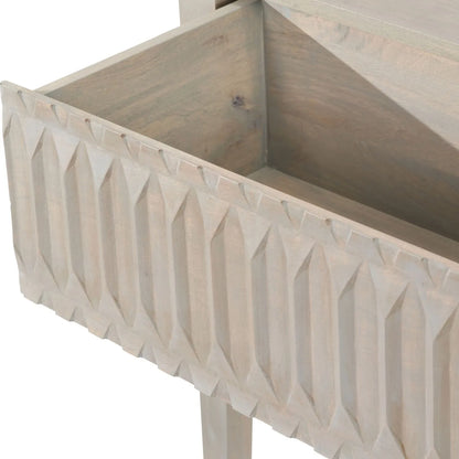 Modern Scandi Light Grey Wash Mango Wood Console Table with Handleless Carved Geometric Drawer Front and Open Shelf Storage – Scandinavian Hallway Console Table for Living Room or Entryway 80x120x35cm | Click Style