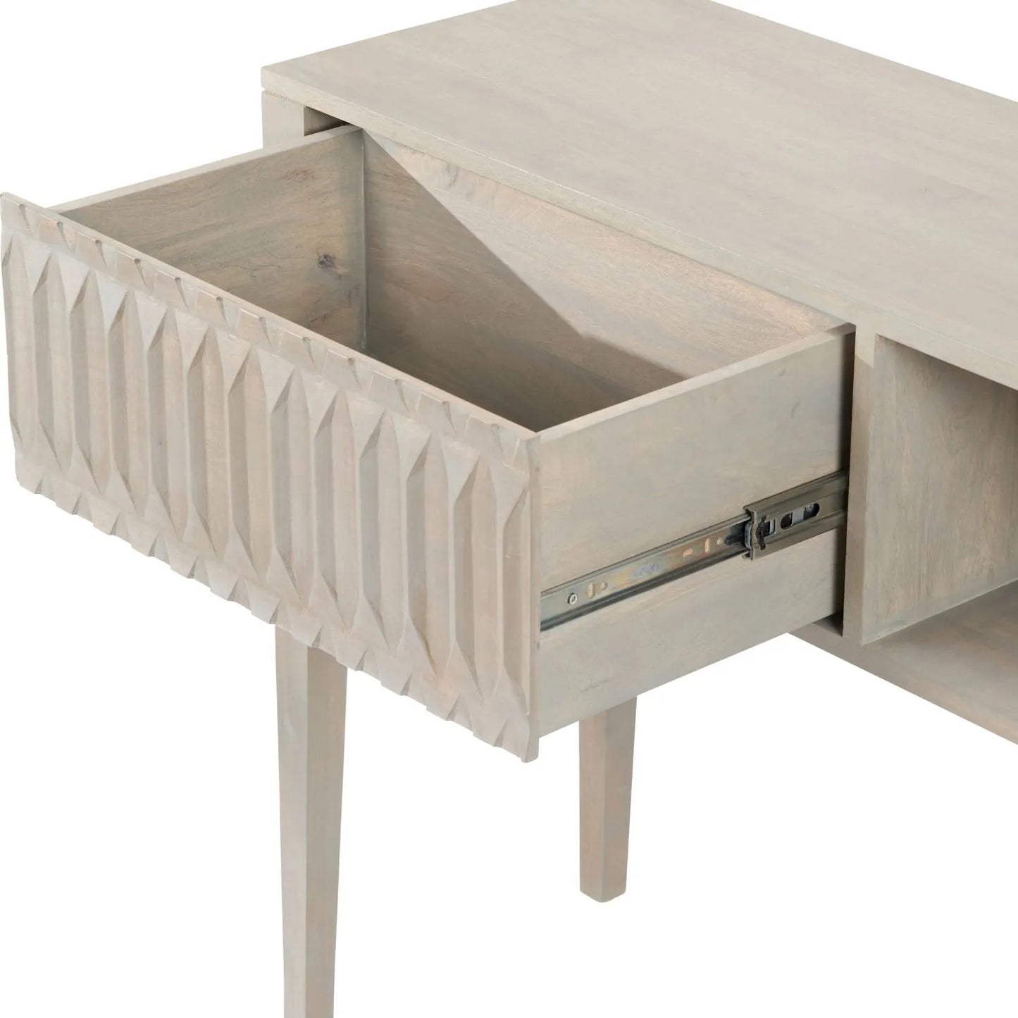 Modern Scandi Light Grey Wash Mango Wood Console Table with Handleless Carved Geometric Drawer Front and Open Shelf Storage – Scandinavian Hallway Console Table for Living Room or Entryway 80x120x35cm | Click Style