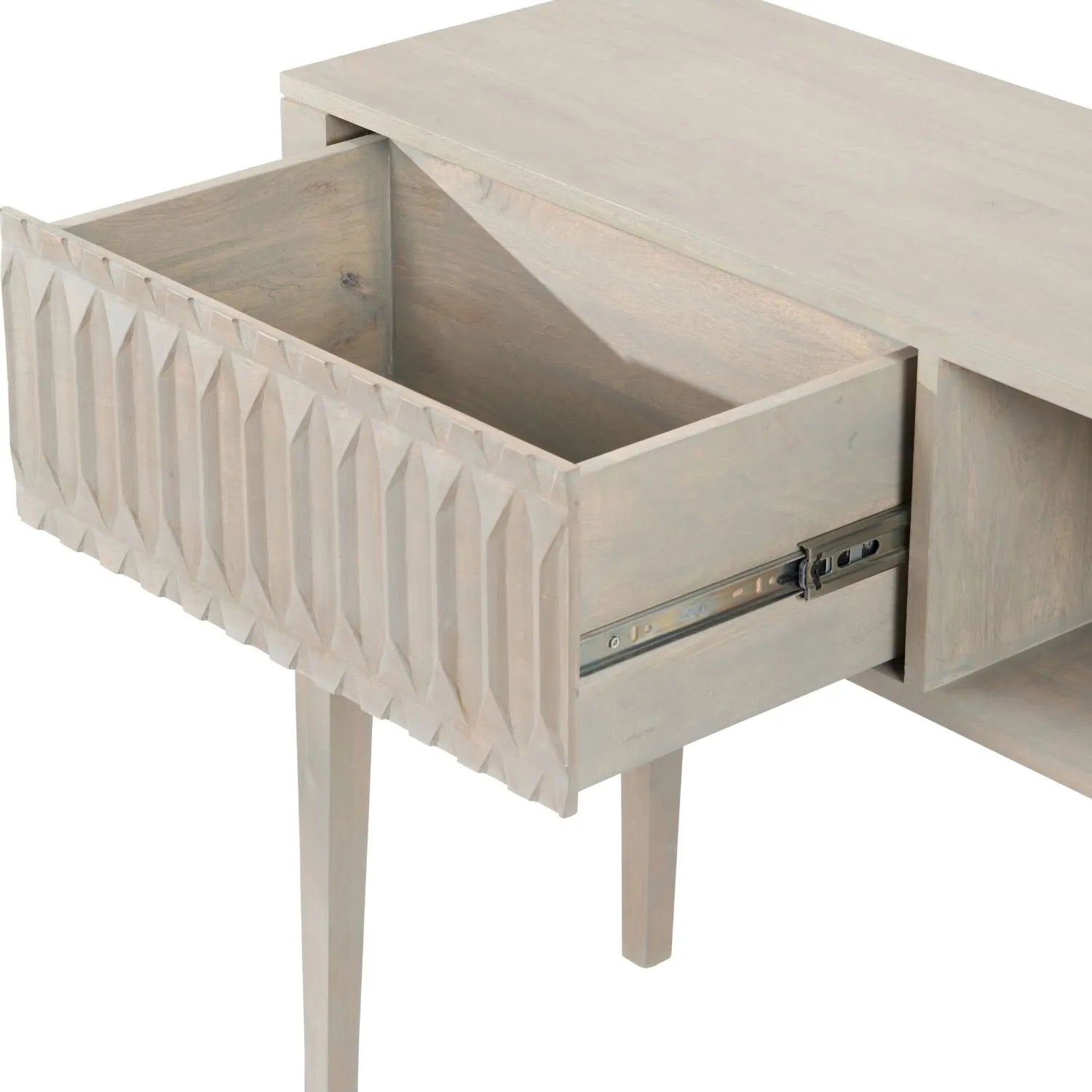 Modern Scandi Light Grey Wash Mango Wood Console Table with Handleless Carved Geometric Drawer Front and Open Shelf Storage – Scandinavian Hallway Console Table for Living Room or Entryway 80x120x35cm | Click Style
