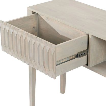 Modern Scandi Light Grey Wash Mango Wood Console Table with Handleless Carved Geometric Drawer Front and Open Shelf Storage – Scandinavian Hallway Console Table for Living Room or Entryway 80x120x35cm | Click Style