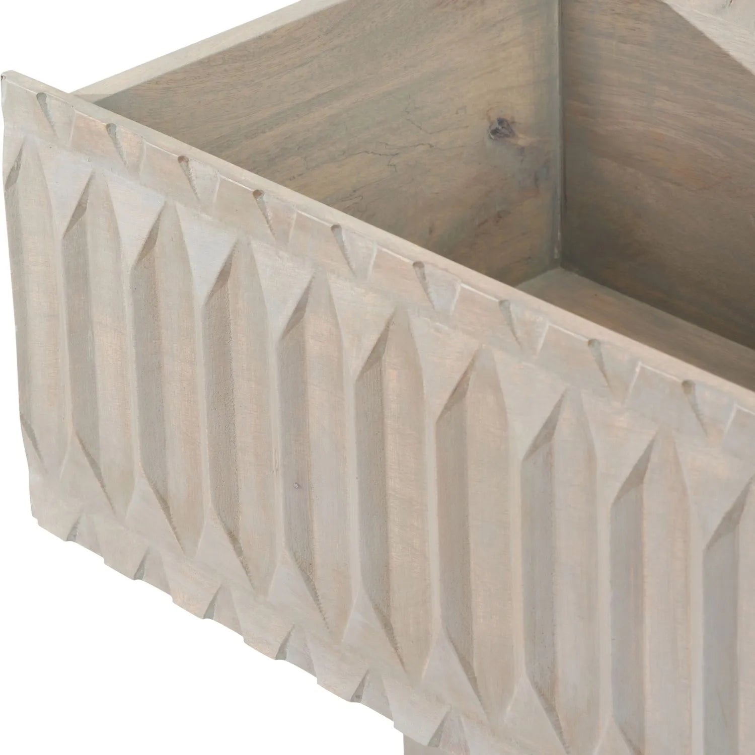 Modern Scandi Light Grey Wash Mango Wood Console Table with Handleless Carved Geometric Drawer Front and Open Shelf Storage – Scandinavian Hallway Console Table for Living Room or Entryway 80x120x35cm | Click Style