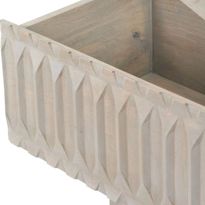 Modern Scandi Light Grey Wash Mango Wood Console Table with Handleless Carved Geometric Drawer Front and Open Shelf Storage – Scandinavian Hallway Console Table for Living Room or Entryway 80x120x35cm | Click Style