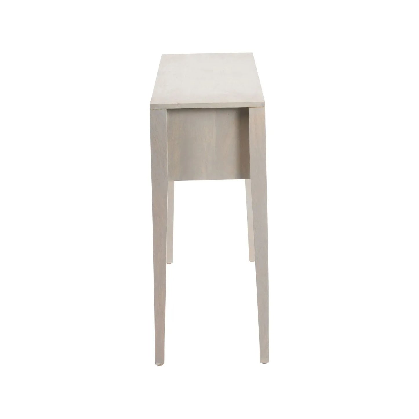 Modern Scandi Light Grey Wash Mango Wood Console Table with Handleless Carved Geometric Drawer Front and Open Shelf Storage – Scandinavian Hallway Console Table for Living Room or Entryway Side 80x120x35cm | Click Style