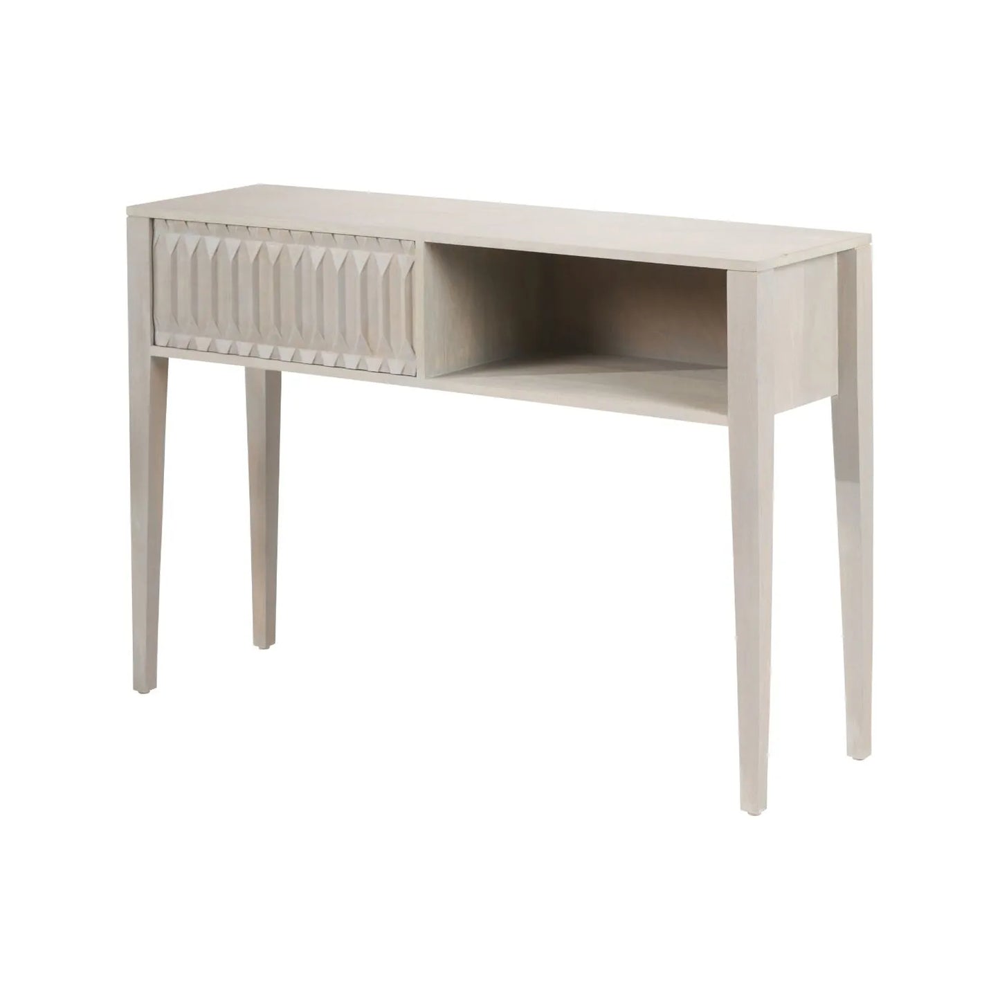 Modern Scandi Light Grey Wash Mango Wood Console Table with Handleless Carved Geometric Drawer Front and Open Shelf Storage – Scandinavian Hallway Console Table for Living Room or Entryway 80x120x35cm | Click Style