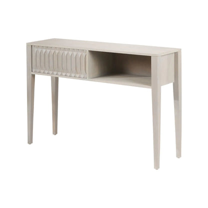 Modern Scandi Light Grey Wash Mango Wood Console Table with Handleless Carved Geometric Drawer Front and Open Shelf Storage – Scandinavian Hallway Console Table for Living Room or Entryway 80x120x35cm | Click Style