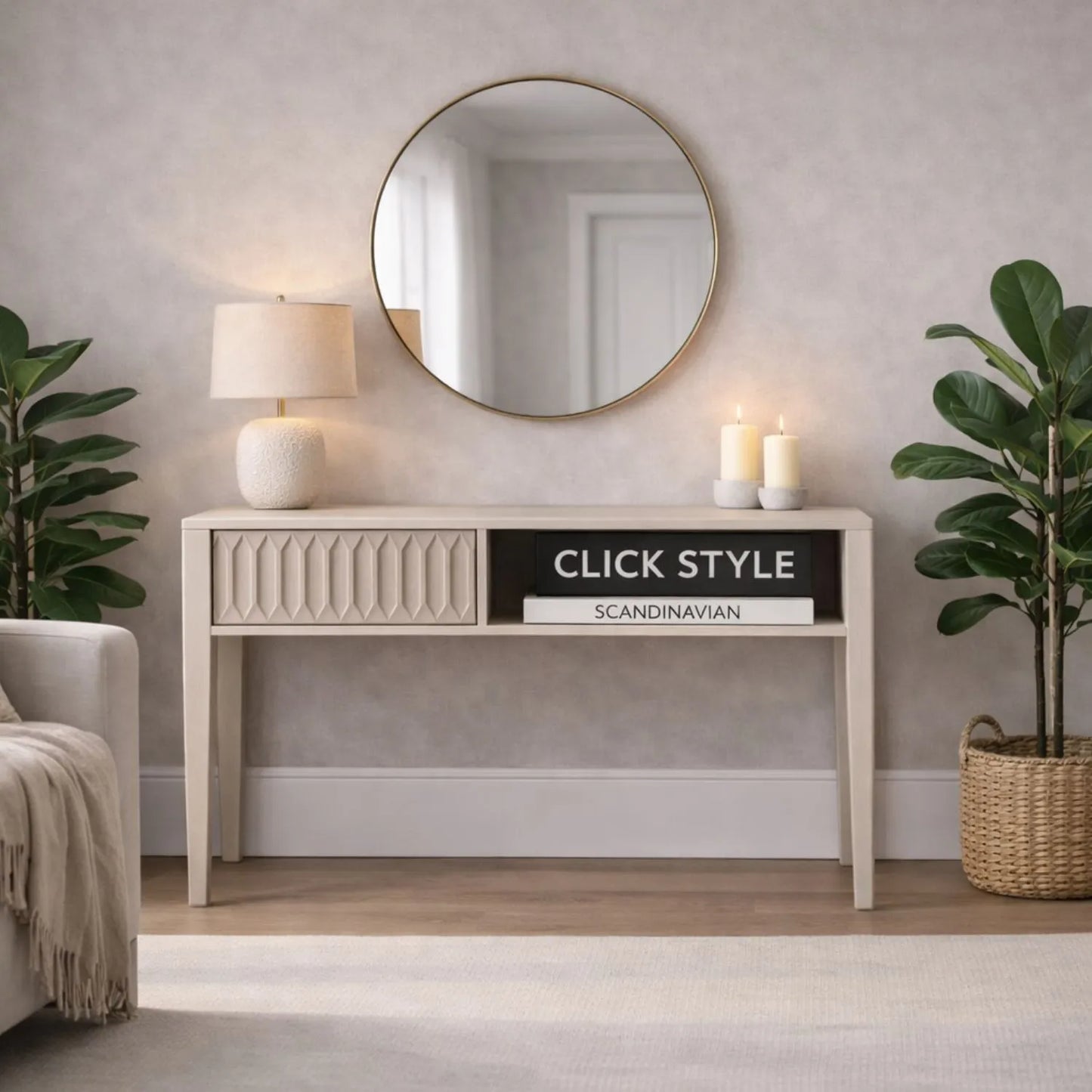 Modern Scandi Light Grey Wash Mango Wood Console Table with Handleless Carved Geometric Drawer Front and Open Shelf Storage – Scandinavian Hallway Console Table for Living Room or Entryway 80x120x35cm | Click Style