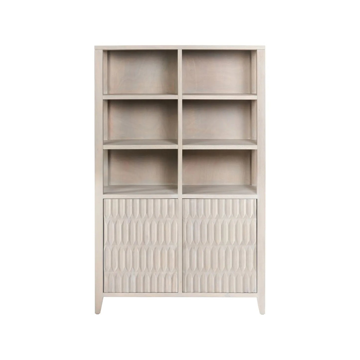 Modern Scandi Light Grey Wash Mango Wood Shelving & Storage Unit – Handleless 2 Door Carved Textured Niche Display Cabinet with Open Shelves, Scandinavian Mango Wood Storage Furniture for Living Rooms, Dining Rooms & Hallways 166x105x40cm | Click Style
