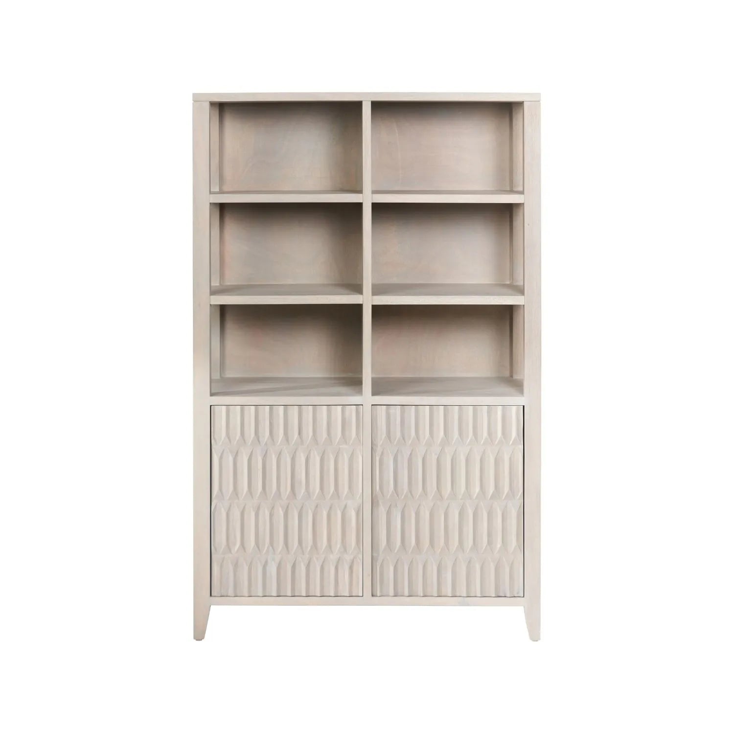 Modern Scandi Light Grey Wash Mango Wood Shelving & Storage Unit – Handleless 2 Door Carved Textured Niche Display Cabinet with Open Shelves, Scandinavian Mango Wood Storage Furniture for Living Rooms, Dining Rooms & Hallways 166x105x40cm | Click Style