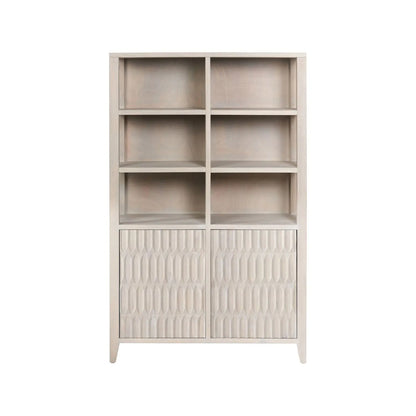 Modern Scandi Light Grey Wash Mango Wood Shelving & Storage Unit – Handleless 2 Door Carved Textured Niche Display Cabinet with Open Shelves, Scandinavian Mango Wood Storage Furniture for Living Rooms, Dining Rooms & Hallways 166x105x40cm | Click Style