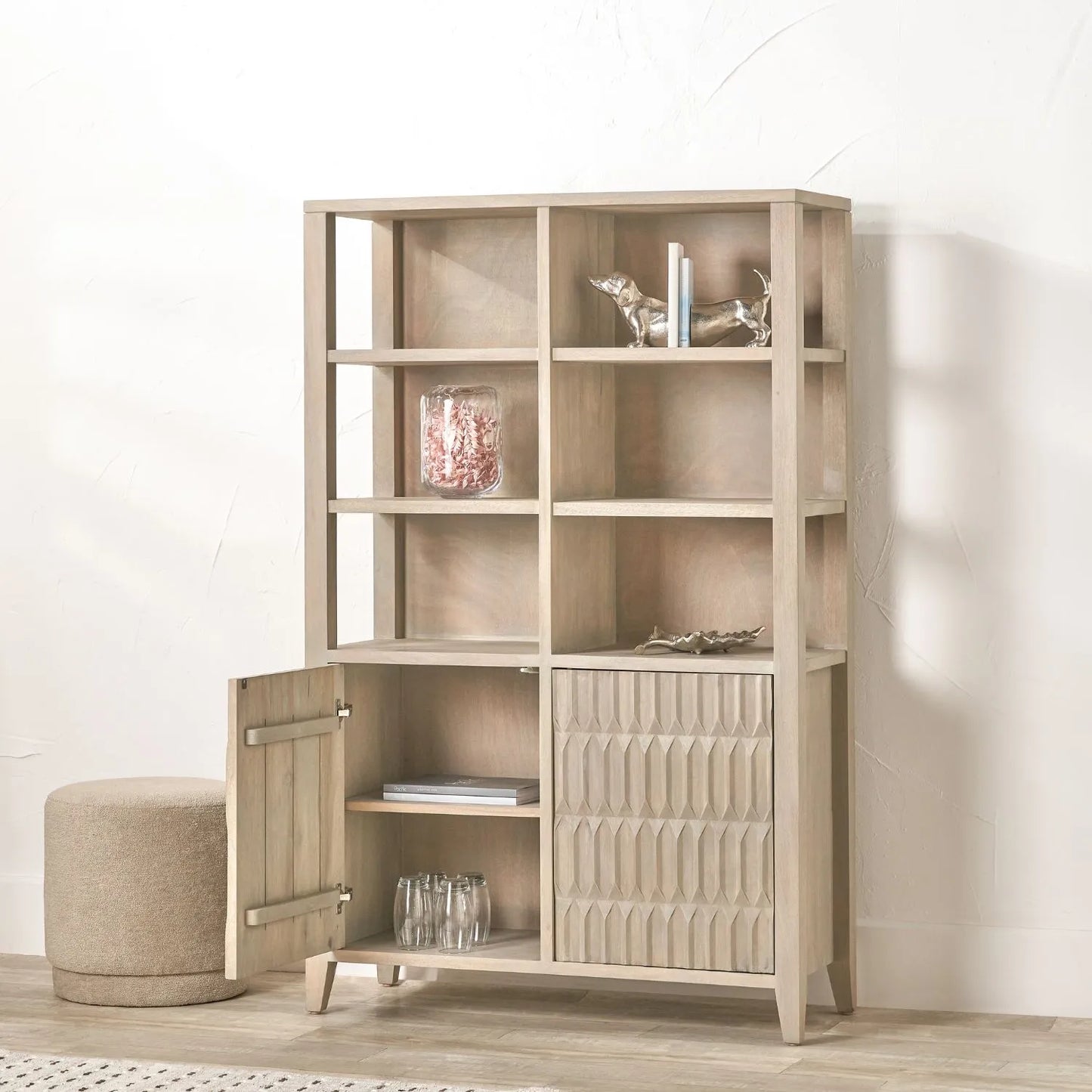 Modern Scandi Light Grey Wash Mango Wood Shelving & Storage Unit – Handleless 2 Door Carved Textured Niche Display Cabinet with Open Shelves, Scandinavian Mango Wood Storage Furniture for Living Rooms, Dining Rooms & Hallways 166x105x40cm | Click Style