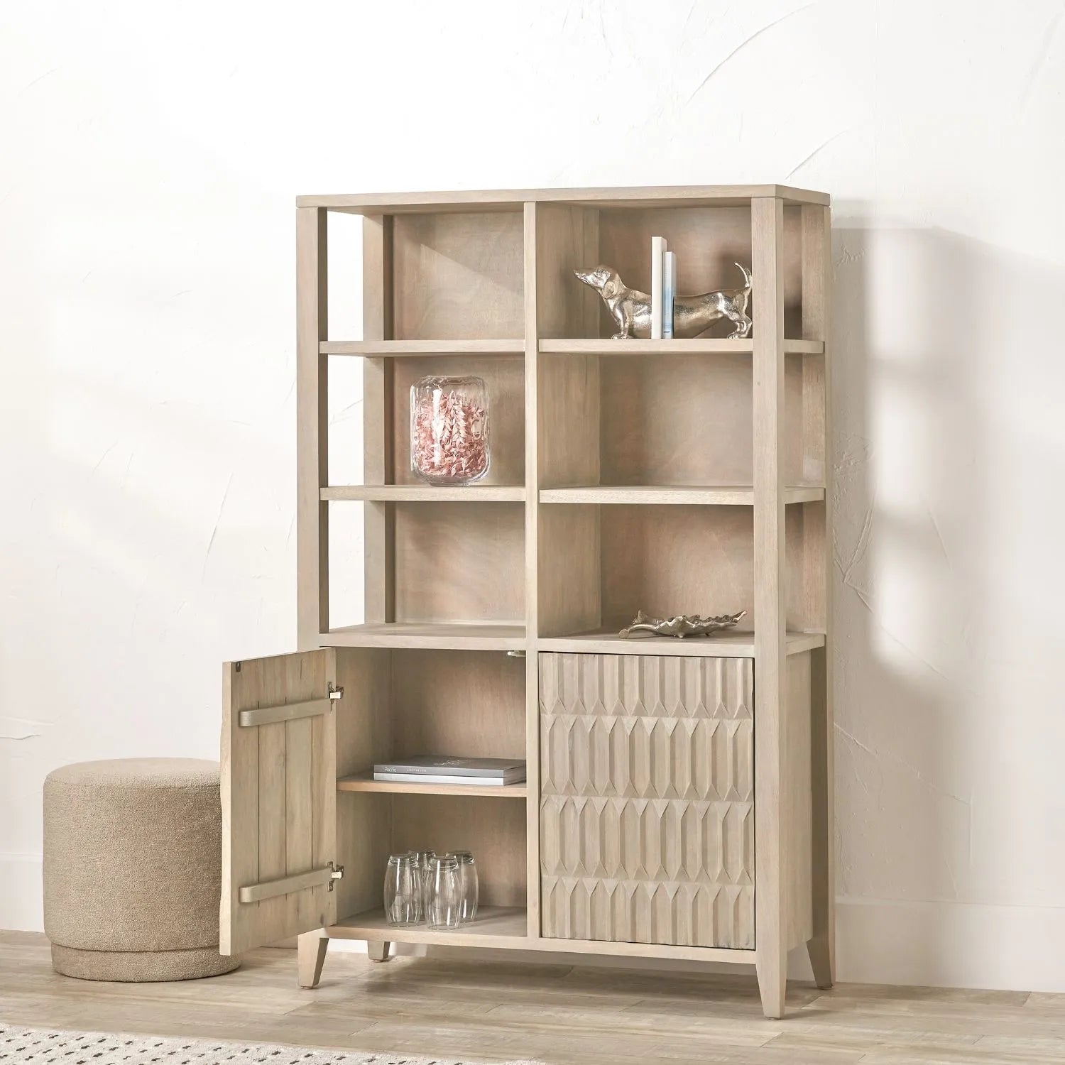 Modern Scandi Light Grey Wash Mango Wood Shelving & Storage Unit – Handleless 2 Door Carved Textured Niche Display Cabinet with Open Shelves, Scandinavian Mango Wood Storage Furniture for Living Rooms, Dining Rooms & Hallways 166x105x40cm | Click Style