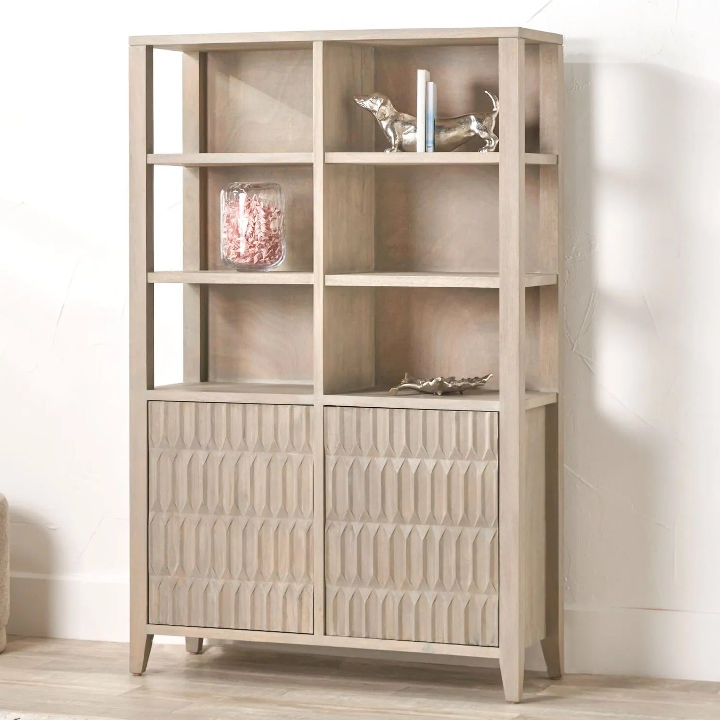 Modern Scandi Light Grey Wash Mango Wood Shelving & Storage Unit – Handleless 2 Door Carved Textured Niche Display Cabinet with Open Shelves, Scandinavian Mango Wood Storage Furniture for Living Rooms, Dining Rooms & Hallways 166x105x40cm | Click Style