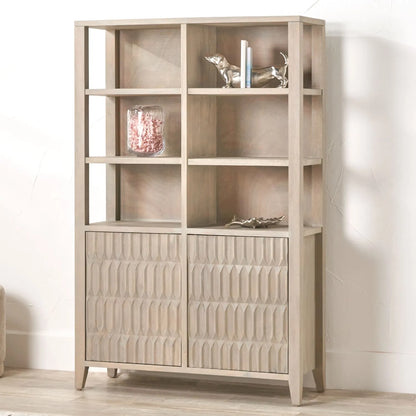 Modern Scandi Light Grey Wash Mango Wood Shelving & Storage Unit – Handleless 2 Door Carved Textured Niche Display Cabinet with Open Shelves, Scandinavian Mango Wood Storage Furniture for Living Rooms, Dining Rooms & Hallways 166x105x40cm | Click Style